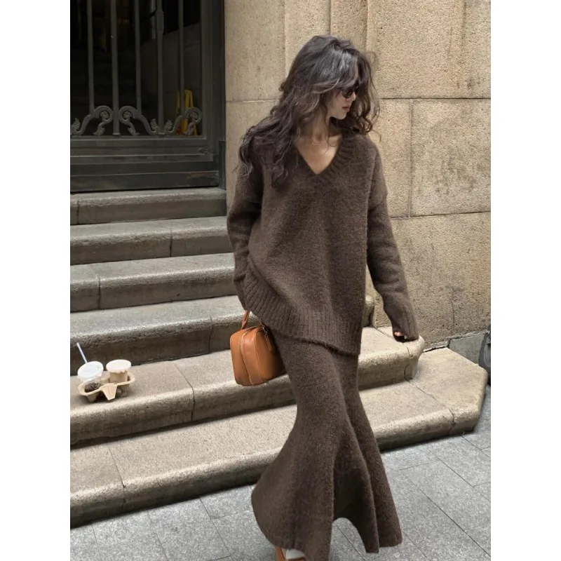 Knitted Sweater Set Skirt for Women Winter V-neck Vintage Suits Pullover Knitted Pullover Skirt Korean Fashion Two-piece Set