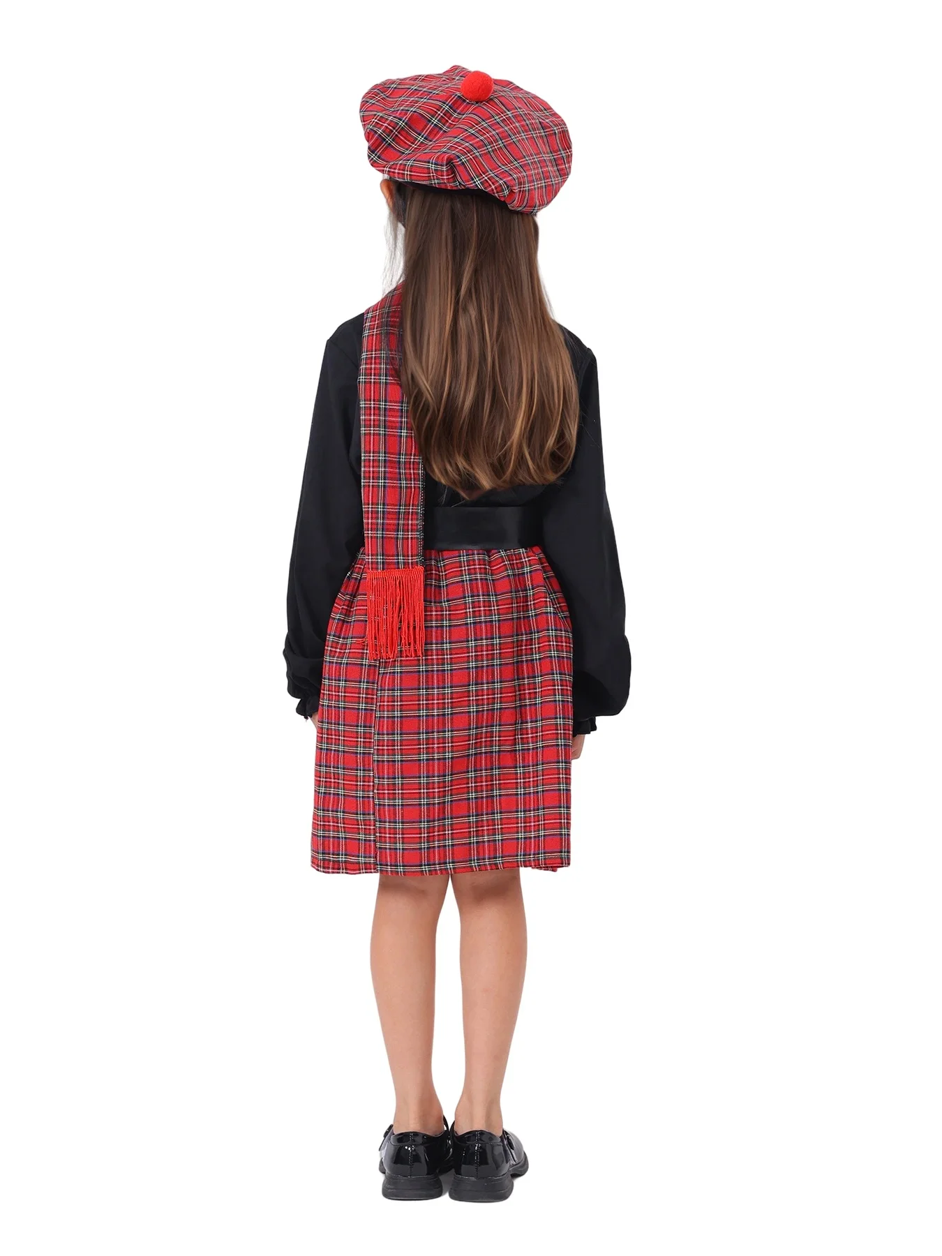 Kids Scottish Traditional Costume Red Plaid Skirt Beret Scarf Set for Halloween Party