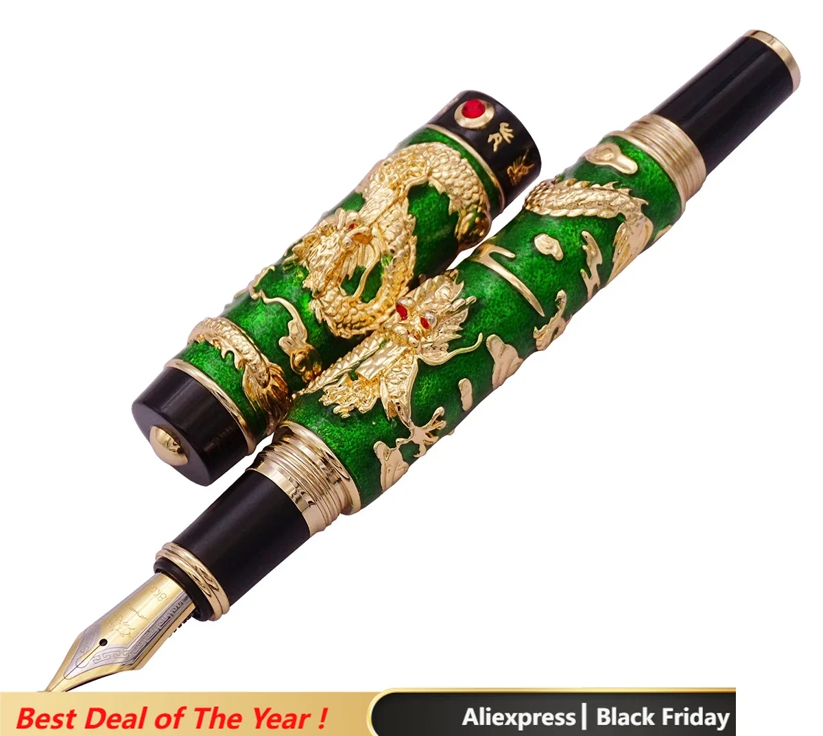 Luxury Handmade Jinhao Green Cloisonne Double Dragon Fountain Pen Bent Nib Advanced Craft Writing Gift Pen for Business Graduate