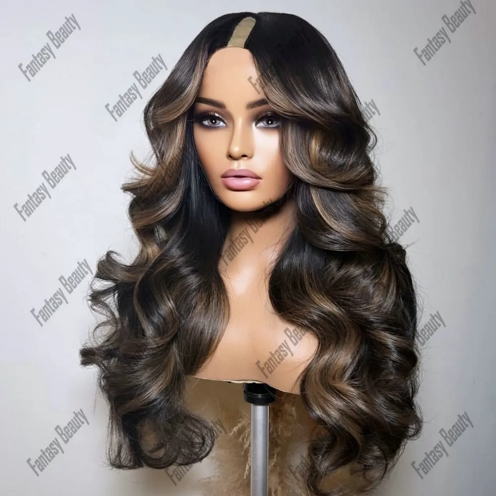 Body Wave Hightlight Honey Brown100%Human Hair 1x4Size Opening V Part Wigs for Women Glueless 200 Density Adjustable U Part Wigs