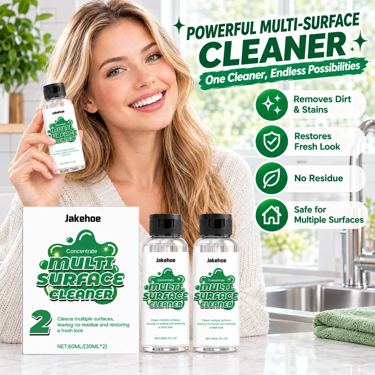Jakehoe Multi Surface Cleaner Powerful Stain Remover Descaling Household Kitchen Bathroom Tub Tile Multifunctional Cleaner 30ml
