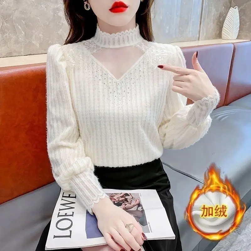 Half Turtleneck Brushed Lace Bottoming Shirt Women\'s Fashion Retro Top Autumn and Winter New Style Foreign Style Noble Pullover