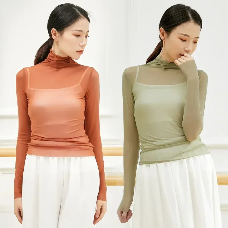 Adult Mesh Turtleneck Belly Dance Top Transparent Blouse Shirt Costume for Women Oriental Dance Clothes Dancer Wear Clothing