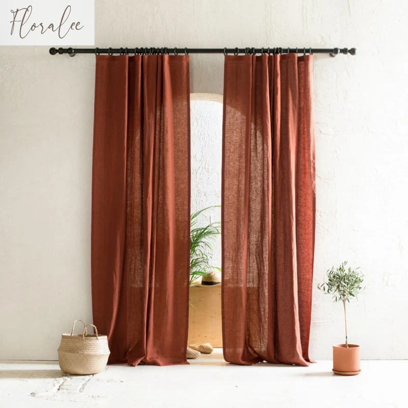 Natural Linen Brick Red Blackout Curtains for Living Room and Bedroom Customized Light-transmitting Handmade Sheer Curtains