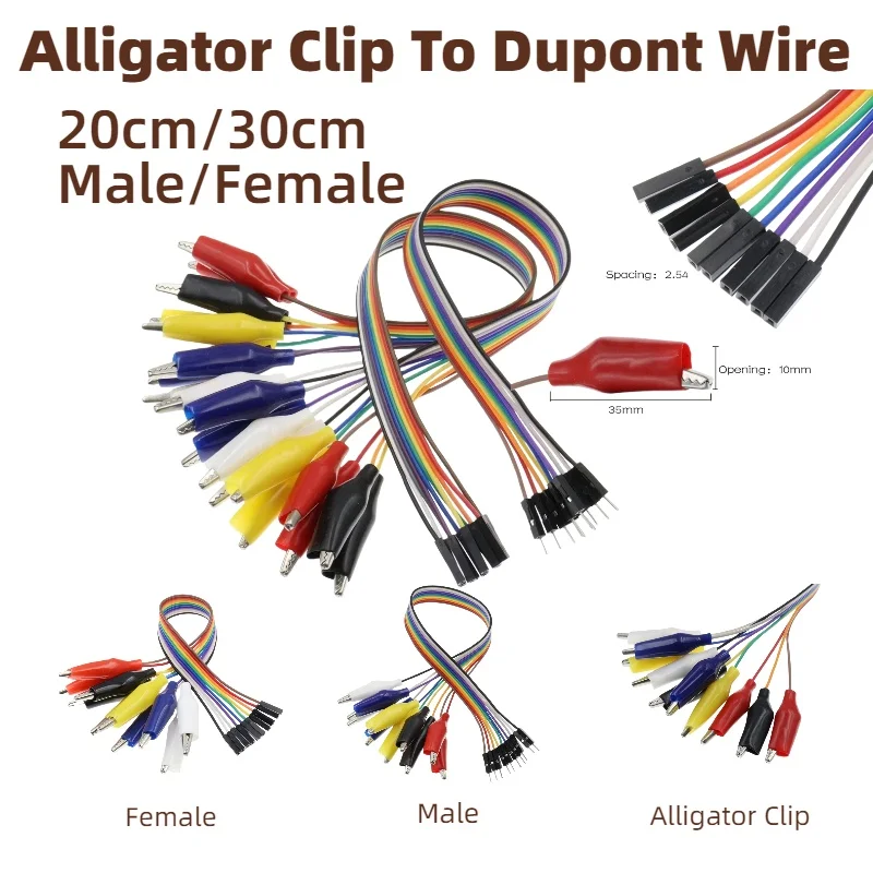 10 peças - Cabo Jumper de 20cm e 30cm com Clipe Jacaré para Fio Dupont 10 Pinos Macho e Clipe Jacaré para Fio Jumper 10 Pinos Fêmea para Teste Arduino