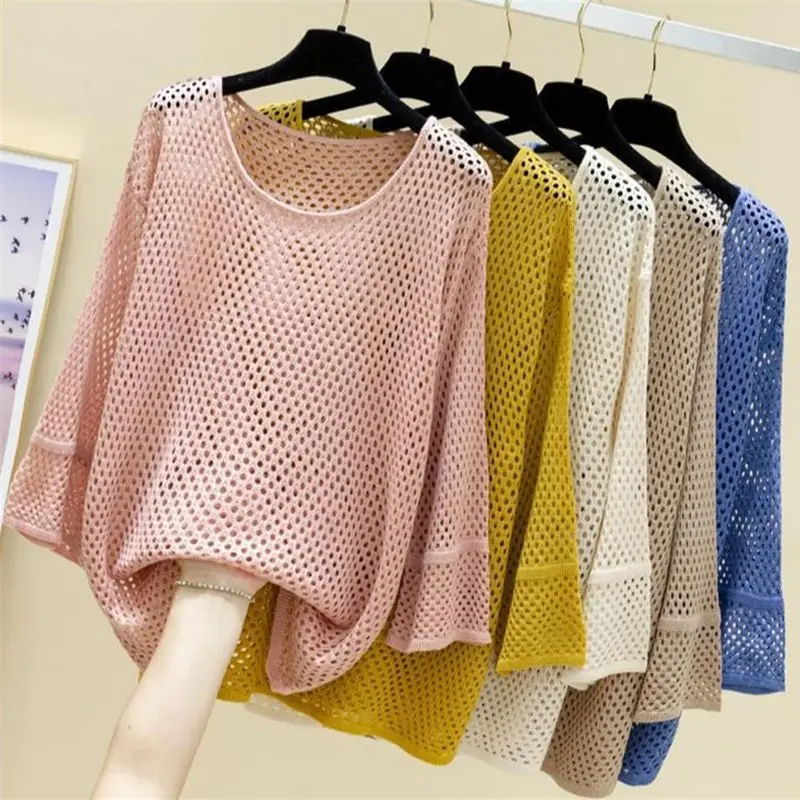 Mesh Loose New Knit Sunscreen Tee Women Korean Fashion T-shirt Hollowed Out Summer Sweater Casual Pullover Long Sleeve Tops