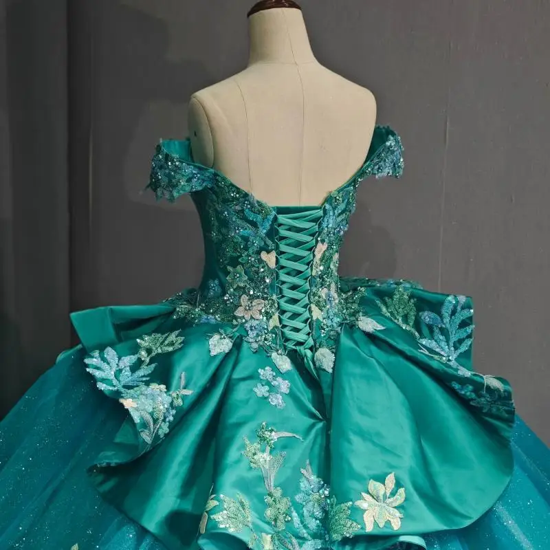 맞춤형 반짝이는 검은 녹색 v 넥 Quinceanera 드레스 스팽글 아플리케 Tull trailing vestidos de 15 Quinceanera ﻿