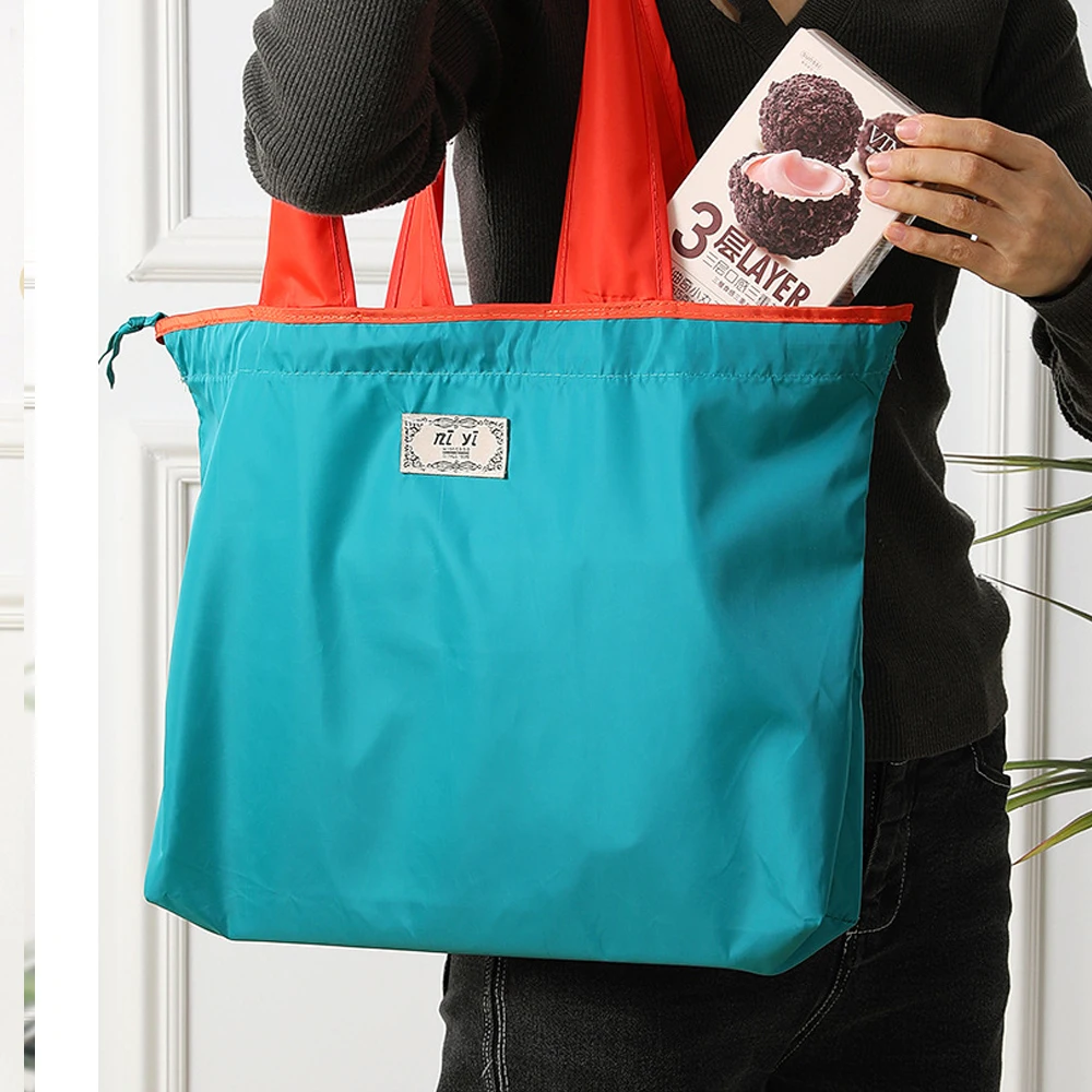 Reusable Grocery Bags for Shopping Foldable Portable Drawstring Eco-Friendly Supermarket Shopping Bag Fashion Shoulder Bag