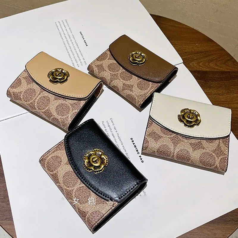 Short Foldable Women's Wallet 2026 New Design Tea Rose Pattern Multi-Card Slot Coin Purse Urban Simple Style Synthetic Interior