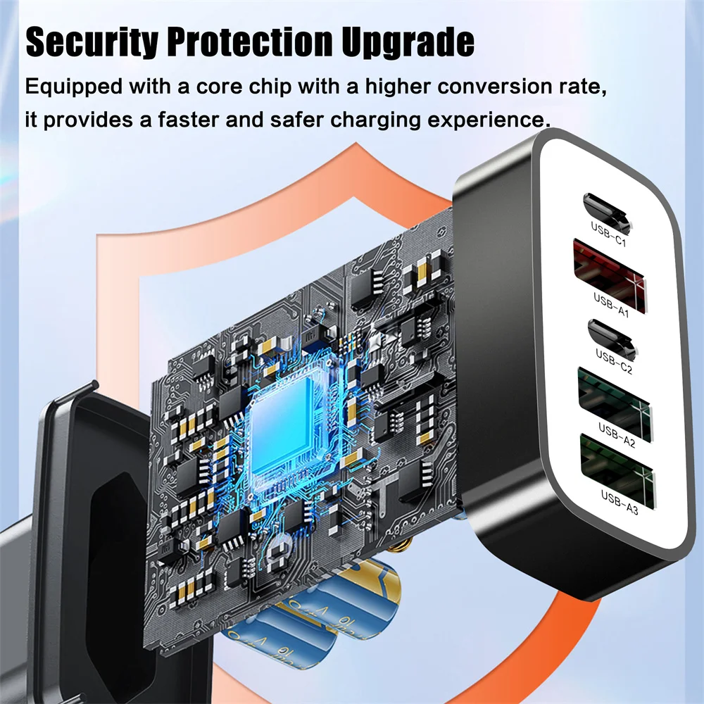 USB Fast Charger 5 Ports PD Type C Quick Charge Phone Charger Adapter For iPhone 15 Pro Samsung Xiaomi Huawei USB C Wall Charger