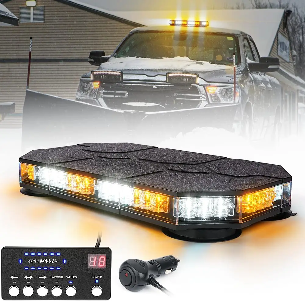

Magnetic LED Strobe Beacon Light Bar with Controller for Emergency Vehicles Trucks Snowplow - White Amber