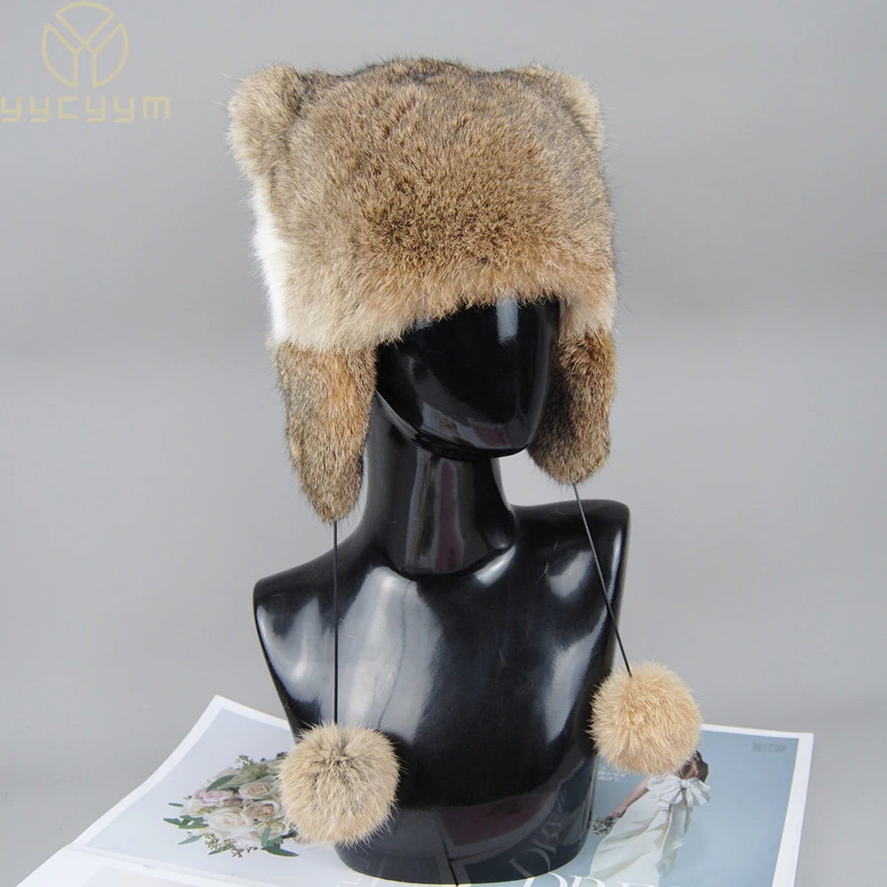 

2025 Hot Sale Real Rabbit Fur Hat For Women Natural Warm Rabbit Fur Caps New style Winter Real Rabbit Fur Skullies Pom Pom Cap