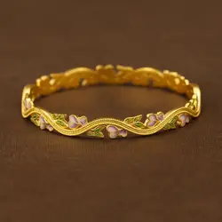 Ancient Gold-plated Painted Enamel Bracelets for Women Flower Shaped Retro Design Traditional Luxury Wedding Jewelry Bangle 2024