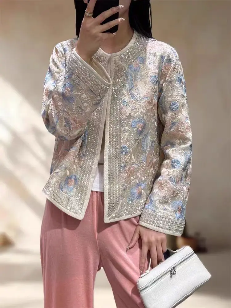 High Quality Spring New O-Neck Silk Organza Fabric Embroidery+Beading Fashionable Chinese Style Women's Jacket S-XL