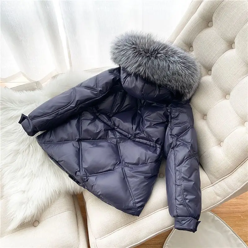 Female Winter Autumn Tops Coat Cotton-padded Clothes Fur Collar Glossy Hooded Thicken Warm Retro Simple Minority Versatile Thin