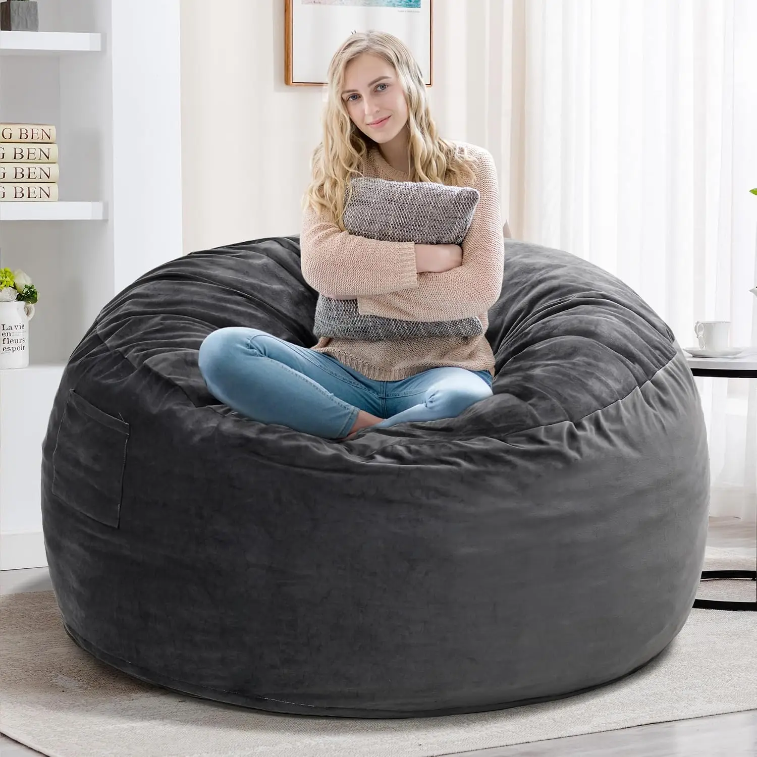 Bean Bag Chair with Filling Included, Large 4FT Comfy Bean Bag Chairs for Adults, Teens, Memory Foam, Machine Washable Thick Dutch Velvet Cover, for Living Room, Den, or Bedroom, Dark Grey view 6