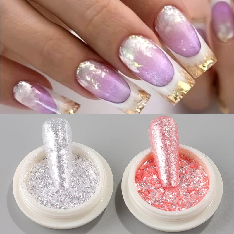 2 Box Pink White Crystal Opal Nail Powder Flakes Sparkling Ultra Thin Foils Iridescent Mermaid Chrome Mica Glitter Nail Decor
