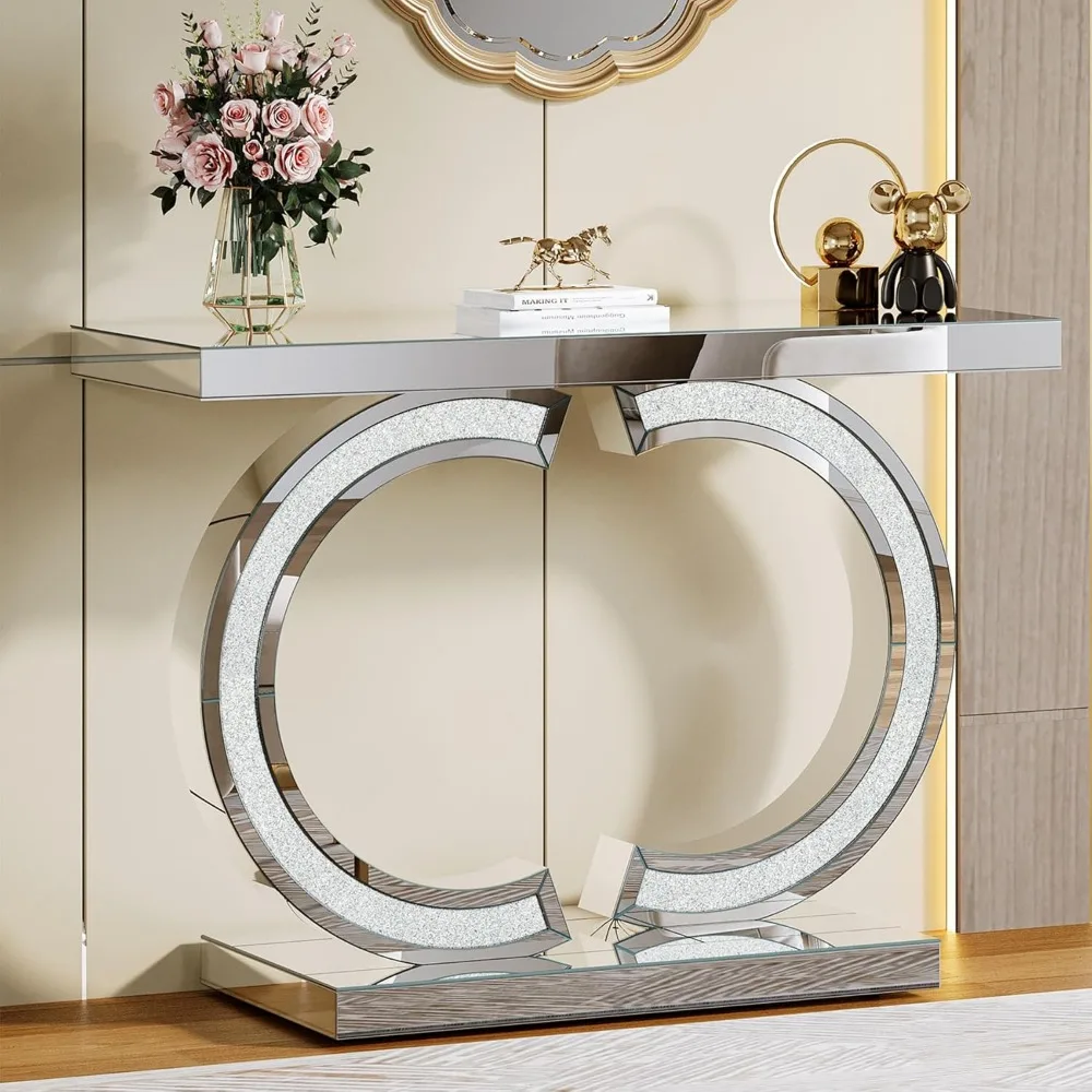 

Mirrored Console Table, 39” Modern Entryway Table with C-Shaped Base, Glass Hallway Sofa Tables for Living Room & Entrance, Sil