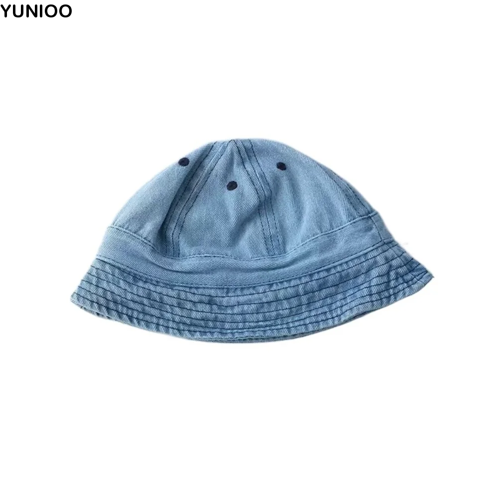 

Cute Cloth Washed Denim Bucket Hat Solid Color Korean Style Baby Sun Hat sun protection Windproof Children Fisherman Cap Boys