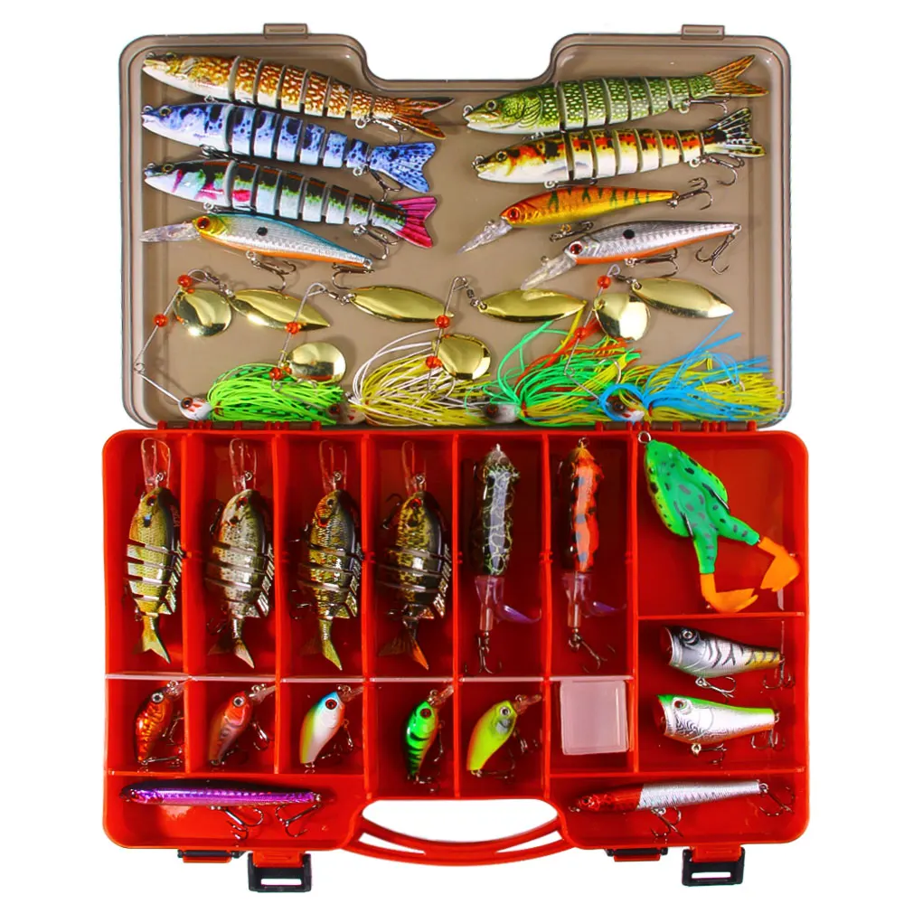 

28pcs Fishing Lures Set Spinnerbaits Jointed Swimbaits Popper Frog Lures Kit Artificial Hard Baits with Tackle Box for pike carp