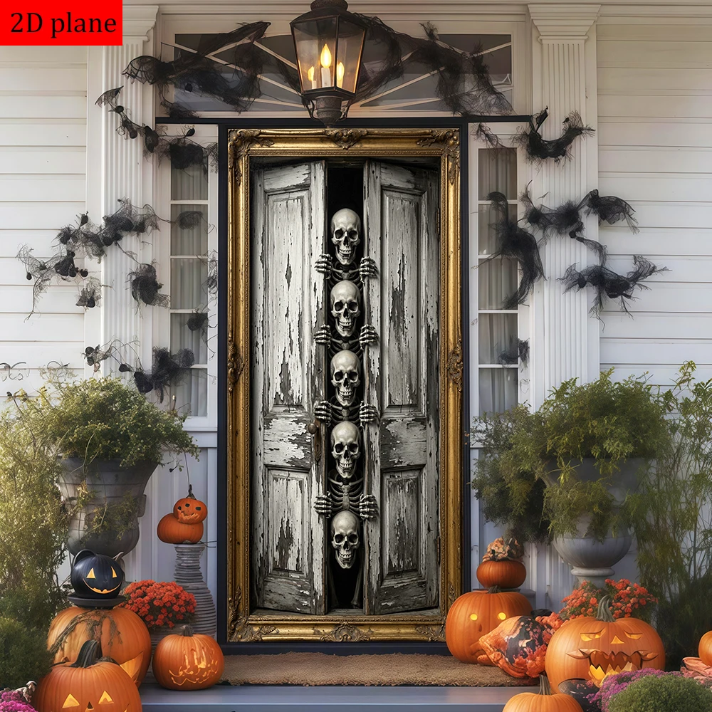 Skeletons Old Wooden Doors Gold Ornate Frame gothic Door Frame Decoration with High Elasticity Elastic Band