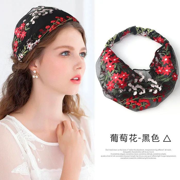 Summer Thin Embroidered Head Wrap Turban for Women Wide Lace Edge Hair Band Gray Hair Cover Fashion Headband Headwear Accessory