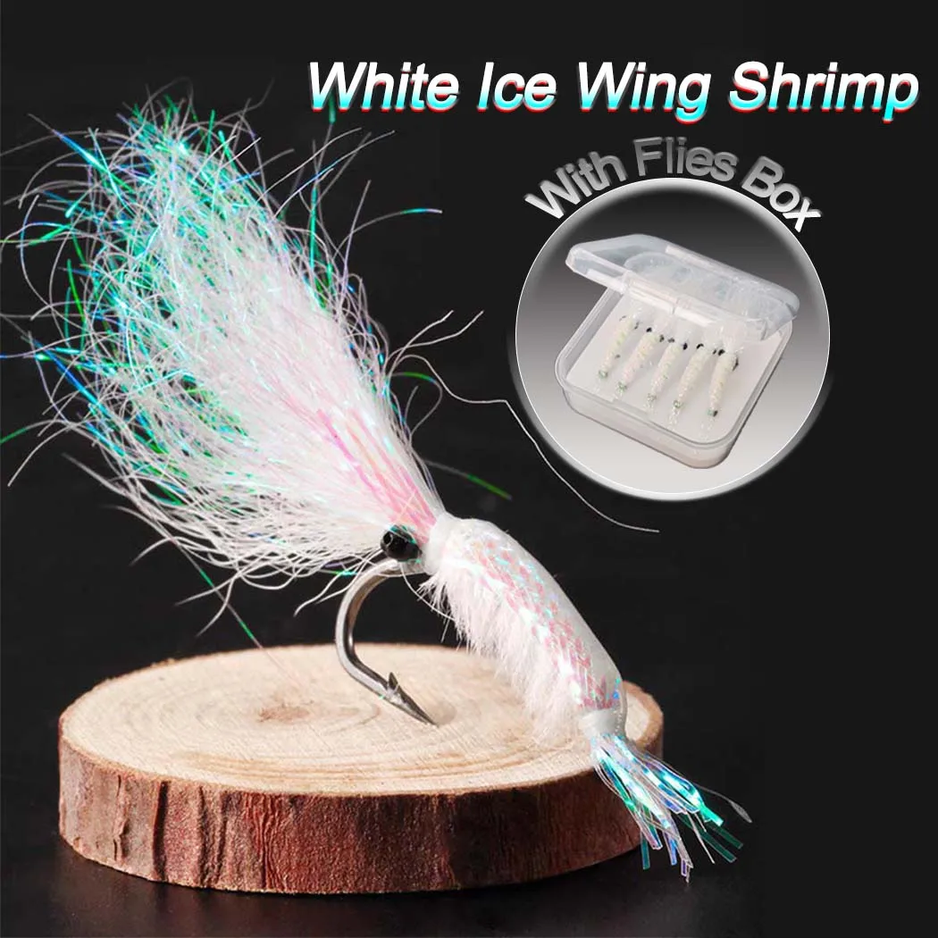 

10Pcs/Box White Ice Wing Shrimp Fly Bait Saltwater Freshwater Flies Bass Trout Salmon Lure Bait Hook 4#6#8#10#12#