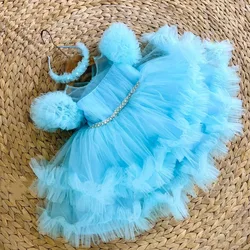 Customized Blue Flower Girl Dress for Wedding Bow Ruffles First Communion Dress Princess Formal Ball Gown Wedding Party