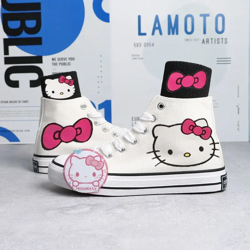 Anime Cartoon Kawaii Hello Kitty Canvas Shoes with Socks and Badge Low and High Top Sneakers for Boys and Girls Studends