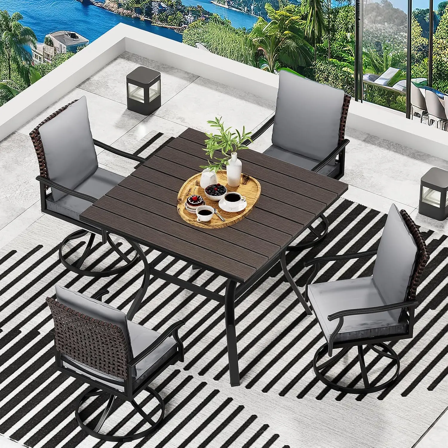 Outdoor Patio Dining Set With Swivel Chairs And Square Table, All-Weather Metal Bistro Furniture For Lawn, Garden,, Customized