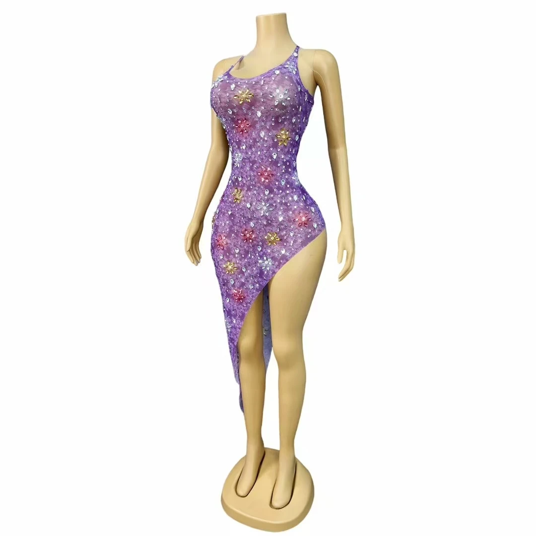 أزياء مثير الملونة الراين شفافة غير النظامية اللباس المرأة حفلة موسيقية مساء احتفال عيد ميلاد فستان قصير المغني زي