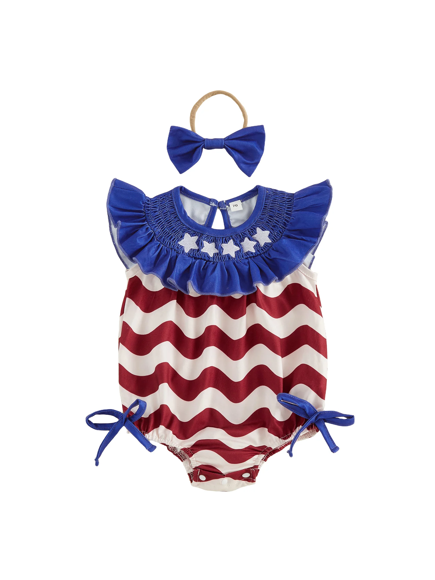 

Independence Day Toddler Girls Rompers American Flag Print Ruffles Sleeveless Baby Bodysuits Jumpsuits with Bow Headband for