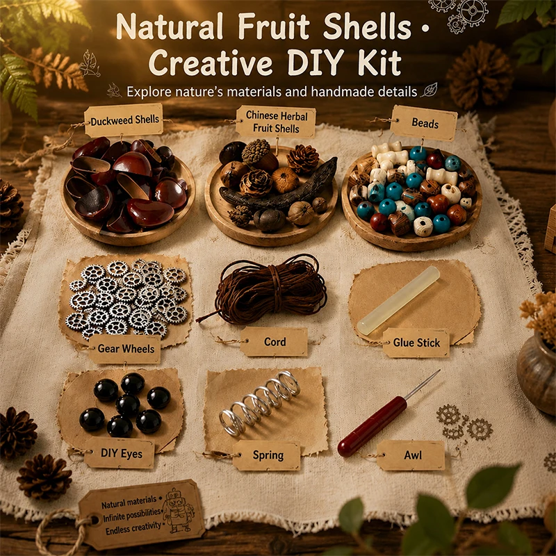DIY Natural Fruit Shell Robot Making Kit Hand‑assemble Robot Doll Pendant Craft Set Wooden Bead Gear Spring Accessories