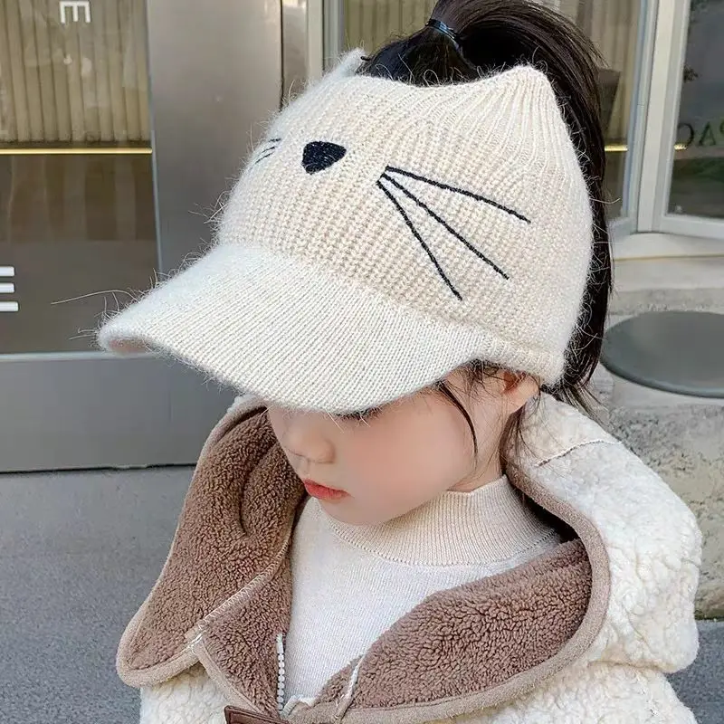 Kids Girls Woolen Hats Baby Girls Cute Autumn Winter Clothing Knitted Cat Printed Caps Princess Cute Cover Ear Bow Caps
