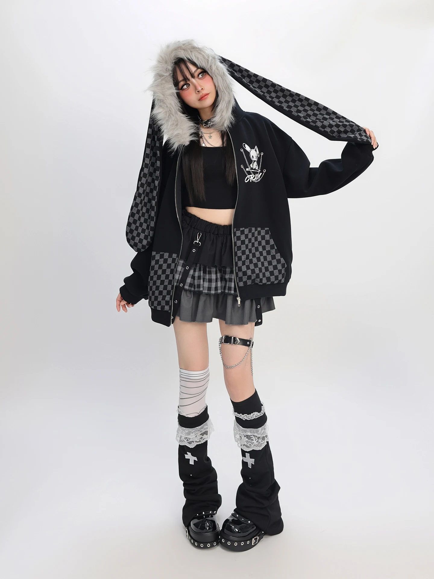 Original Fashion Highstreet Sweet Cool Girl Hooded Tops Plaid Rabbit Ear Hooded Loose Casual Fleeced Sweatshirts Jackets Women