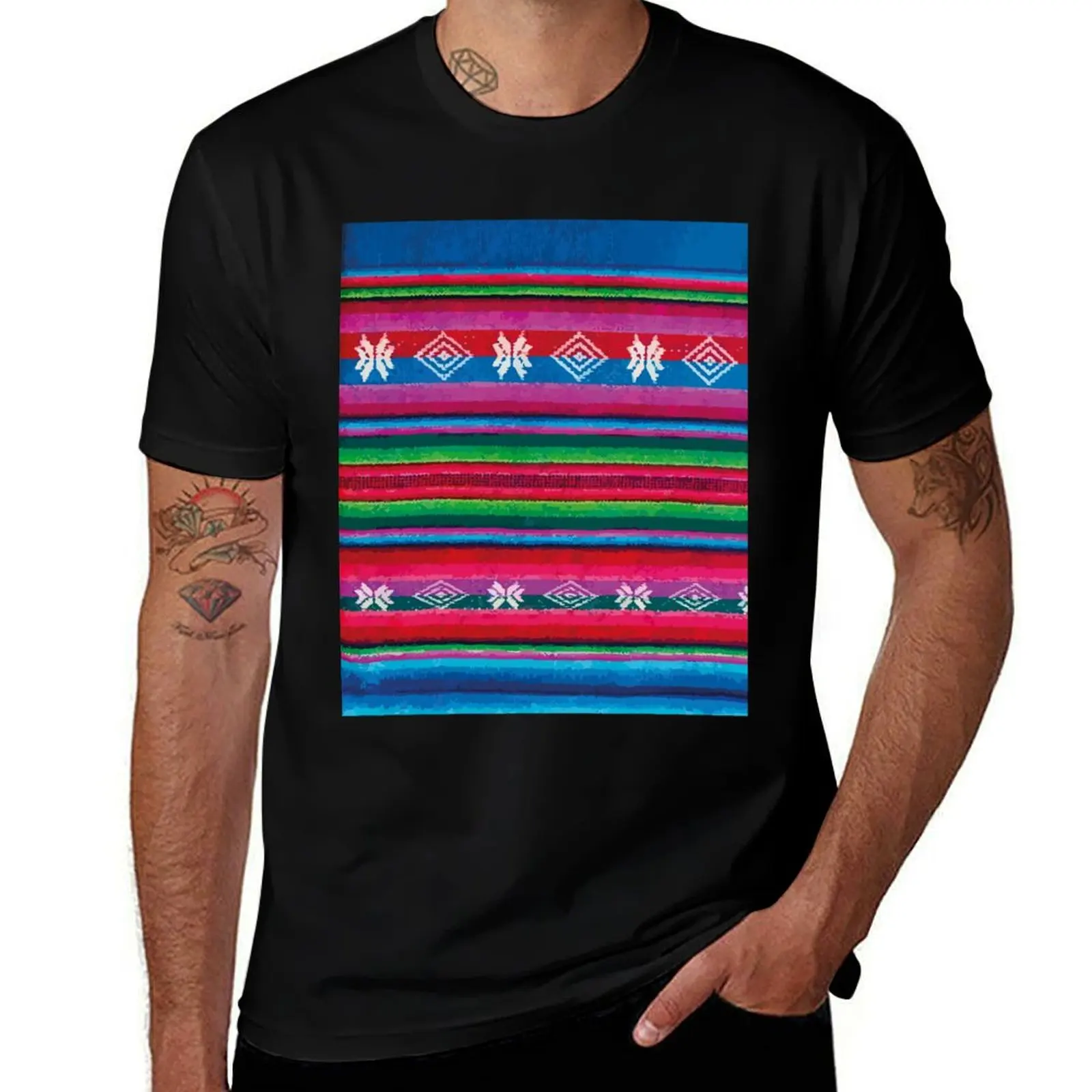 

Mexican serape embroidered poncho fabric rainbow maximalist decor T-Shirt cotton graphic tees quick-drying Short sleeve tee men