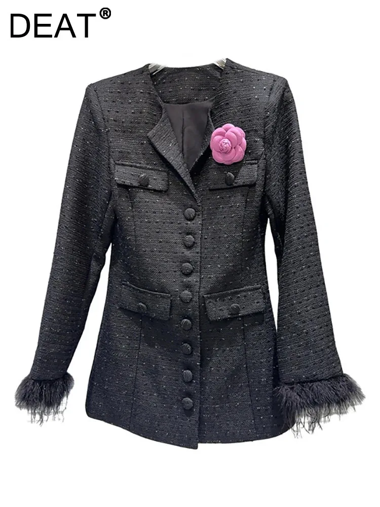 

DEAT Women Trench Coat Tweed Spliced Feathers Flower Pin Slim Waist Elgent Solid Colar Windbreak Autumn 2024 New Fashion 11A0995