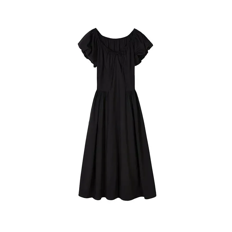 Women's Elegant Black Off Shoulder Midi Dress with Ruffled Short Sleeves Tie Front A Line Flared Dress for Casual and Party Wear
