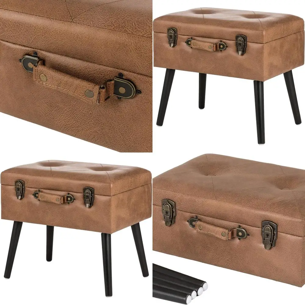 

Light Brown Leather Storage Ottoman with Detachable Wooden Legs, 19.75 Length