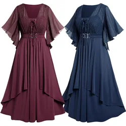 Plus Size Vintage Dresses, Lace Up Buckle Grommet Layered Butterfly Sleeve Dress Women Spring Summer Solid Color Vestido