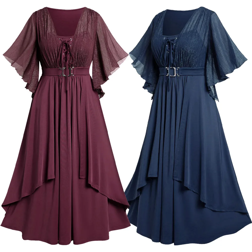 Sukienki vintage plus size, sukienka z koronkowym wiązaniem, klamrami, przelotkami, warstwowymi rękawami motylkowymi, damska sukienka na wiosnę i lato, jednolity kolor, vestido.
