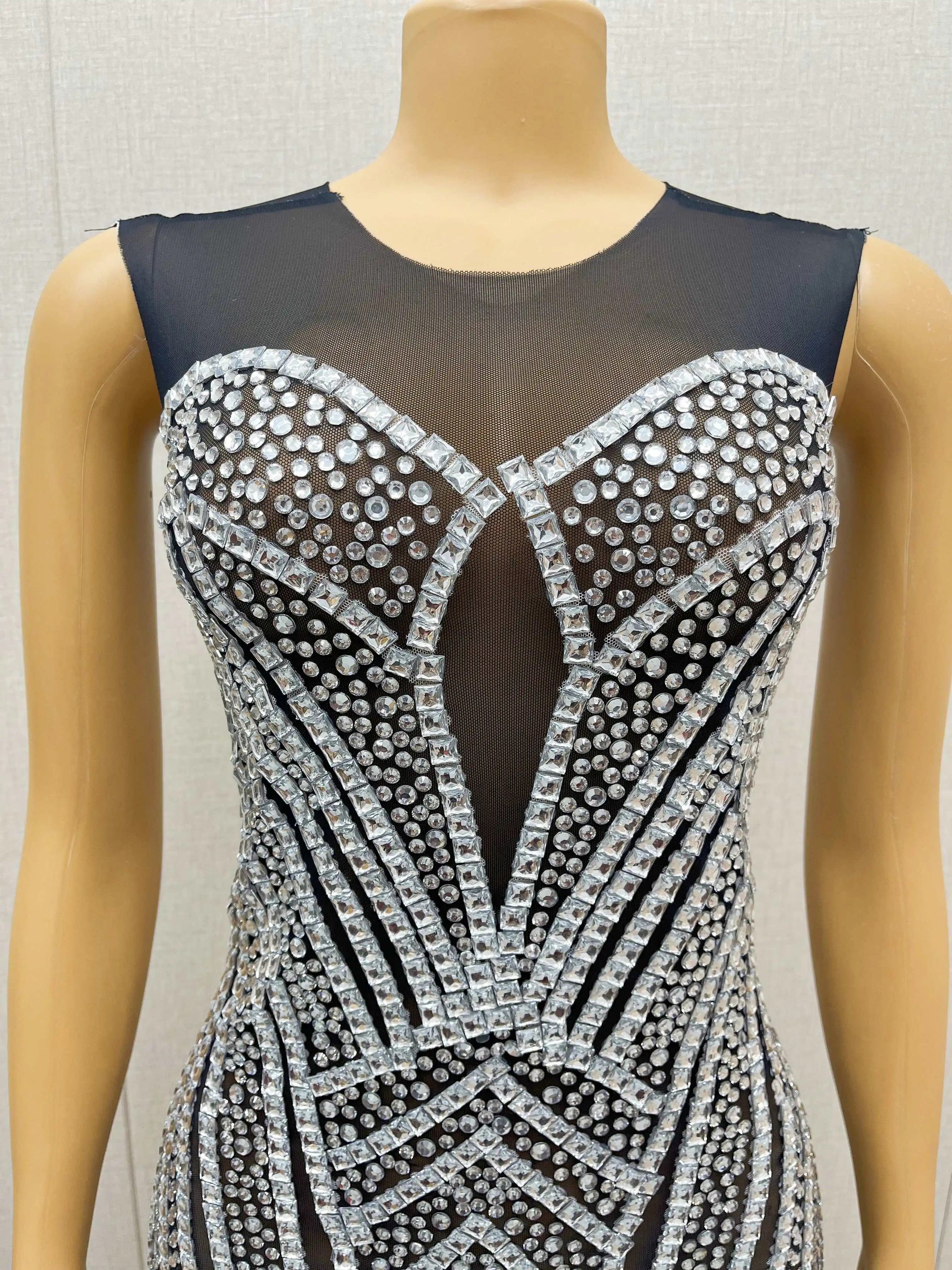 Niche design sensual sexy black silver rhinestone dress birthday celebration cocktail party dance costumes baisexi