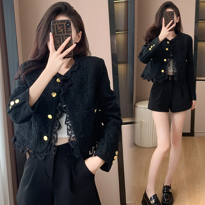 Short Lace Trim Open Cardigan Women's Fashion Design Sensation Autumn New Ladylike Style Small Size Outerwear Cotton Blend Fa...