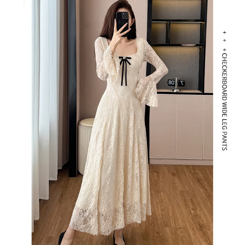Vintage Temperament Spitze Aushöhlen Prom Kleid Für frauen Frühling Elegante Bogen Quadrat Kragen Flare Hülse Schlank A-Line Midi kleid