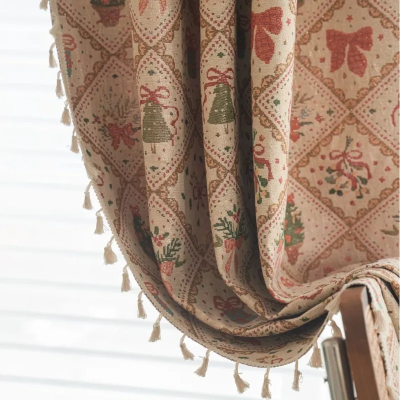 

1PC Christmas Dress Up Jacquard Curtains Bow Finished Kitchen Semi-blackout Home Textile Products Christmas Day Decoration