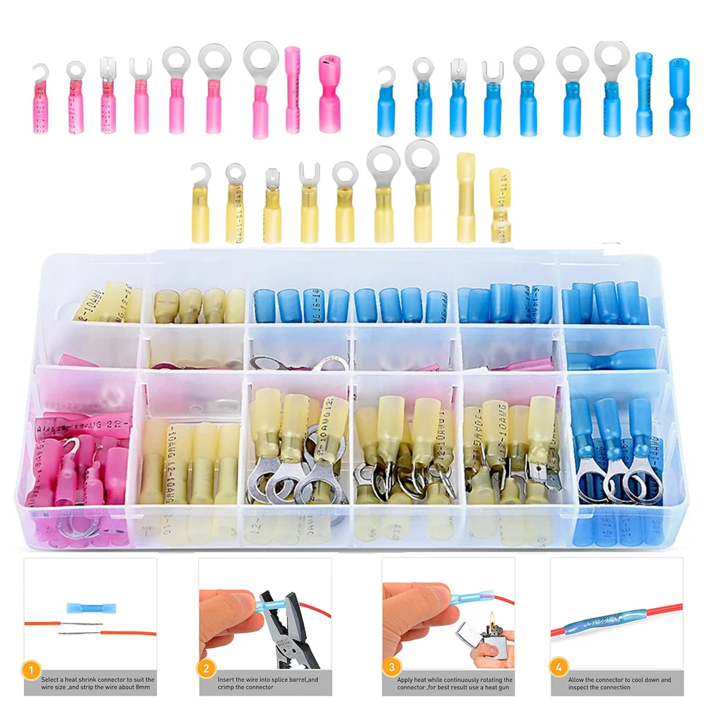 

135PCS Heat Shrink Wire Connectors Ring Fork Hook Spade Butt Splices Electrical Terminals Assortment Kit Car Crimp Connector