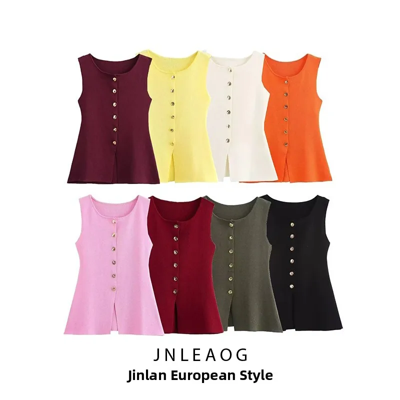 JNLEAOG Autumn New Women's Design Golden Button Decor Flat Needle Vest Street Style round Neck Polyester Fiber Outerwear