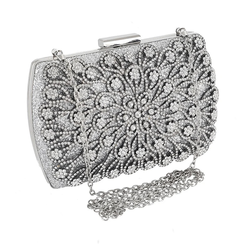 Luxury Glitter Rhinestone Women Wedding Evening Clutch Handbag Bling Diamond Beads Flower Pattern Messenger Purse Shoulder Bag