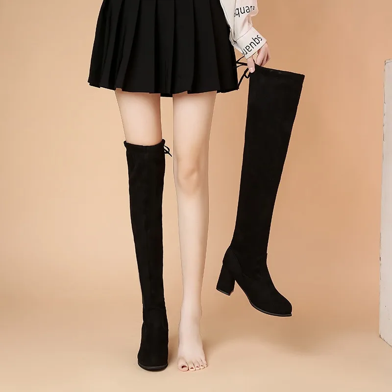 Stretch Over-the-knee Boots Women's 2022 Autumn and Winter Look Thin Thick-heeled Boots High-heeled Small Size Boots