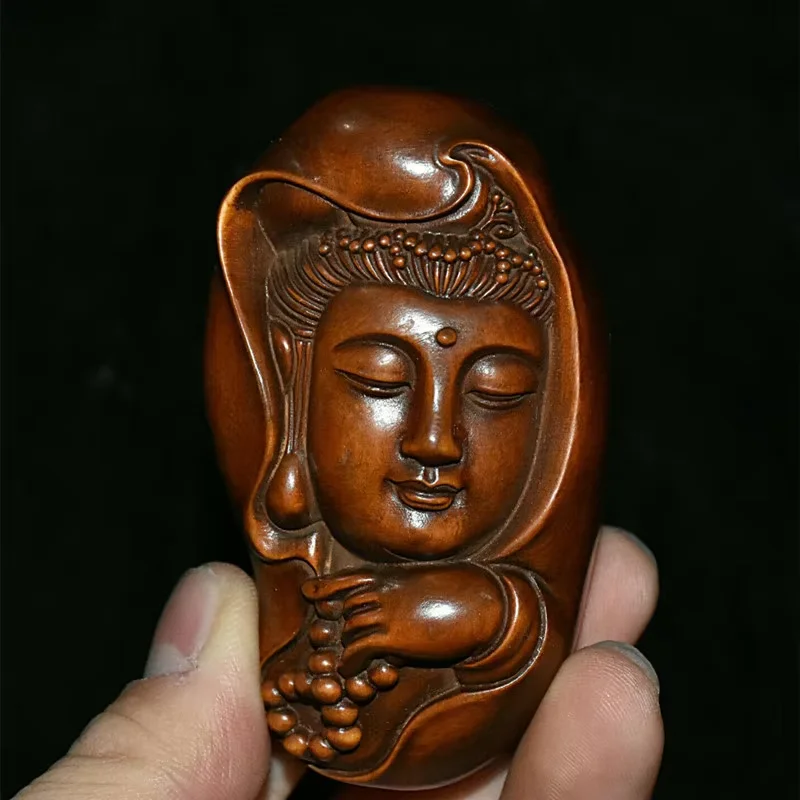 Collect China Boxwood Wood Hand Carved Lotus Kwan-Yin Guan Yin Head Bead Statue Home Accessories Collection Ornaments Figurines